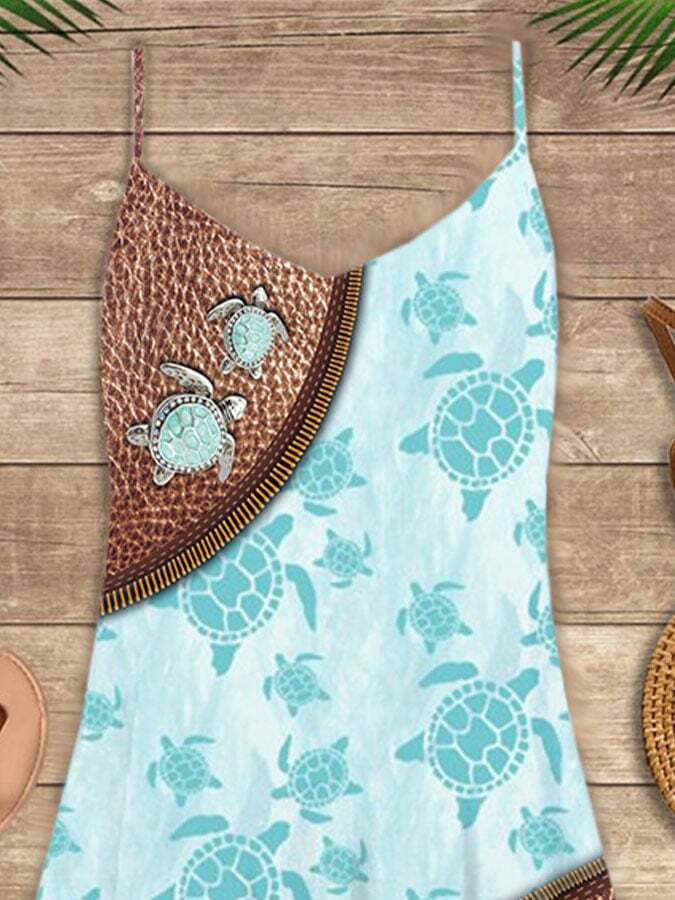 Vacation Sea Turtle Print Spaghetti Strap Dress &Swimsuit Coverup