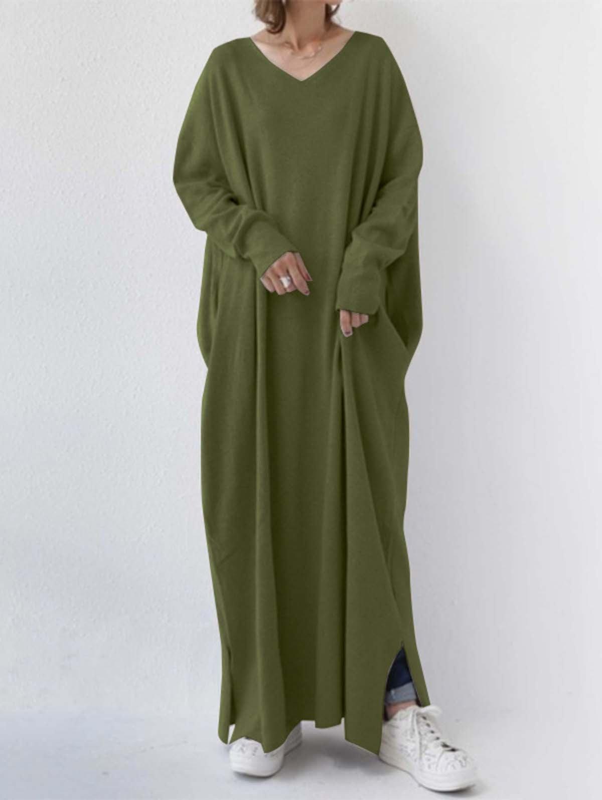 Solid V Neck Long Sleeve Slit Hem Pocket Maxi Dress