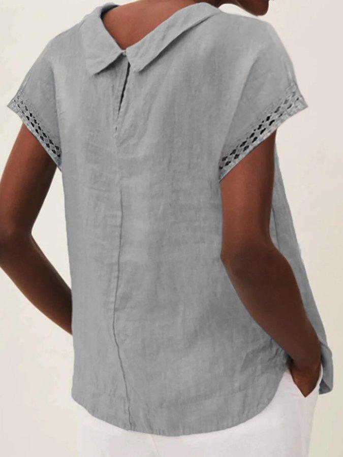 Cotton&Linen solid color sleeves and lace lapel T-shirt