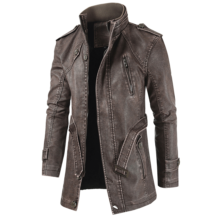 Mens outdoor long leather cold-resistant jacket