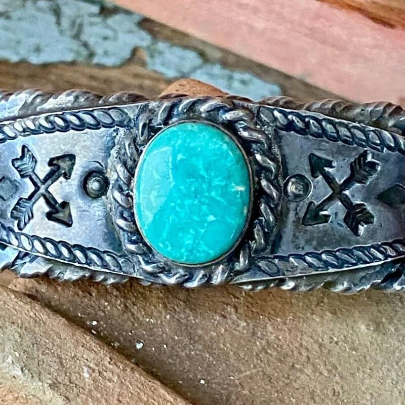 Old Navajo Crossed Arrows Bracelet with Turquoise Sterling Fred Harvey Era