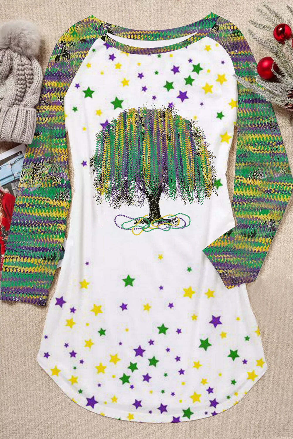 [CLEARANCE SALE]New Orleans Mardi Gras Watercolor Bead Tree Print Tunic