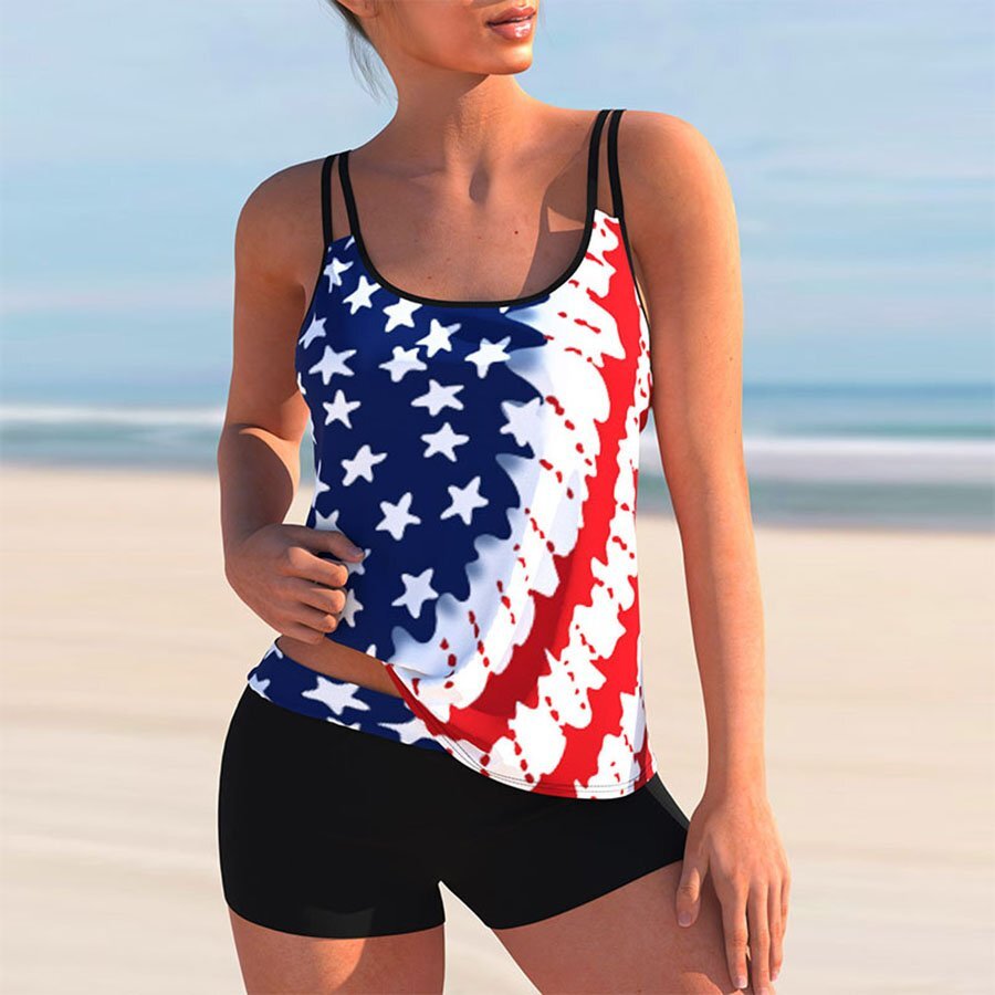 Women's Plus Size Color Matching Digital Printing Split Bikini Swimsui