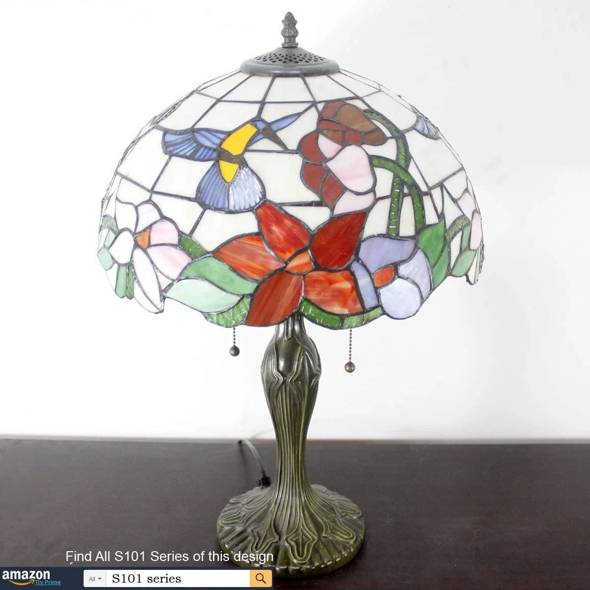 Tiffany Lamp Table Stained Glass Hummingbird Style Shade Metal Base 24