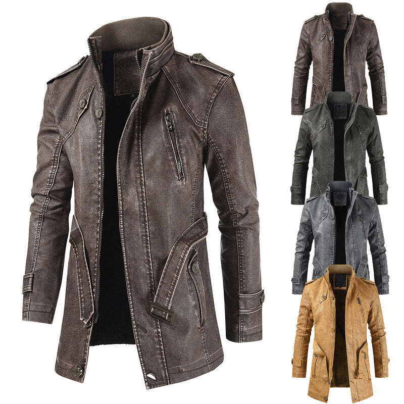 Casual Retro Stand Collar Zipper Men's Leather Jacket
