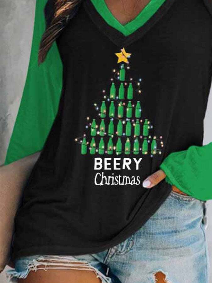 V Neck Funny Beery Christmas Print T-Shirt