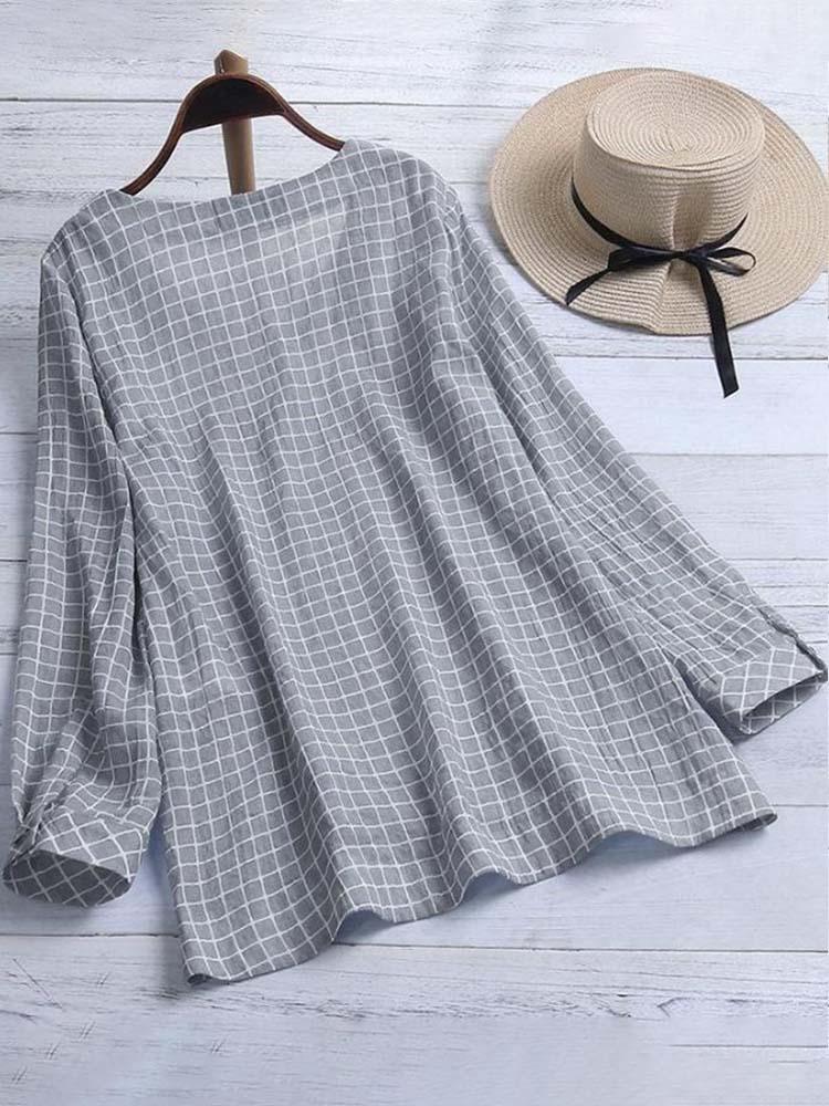 Checkered Cotton And Linen Mini V Neck Dress
