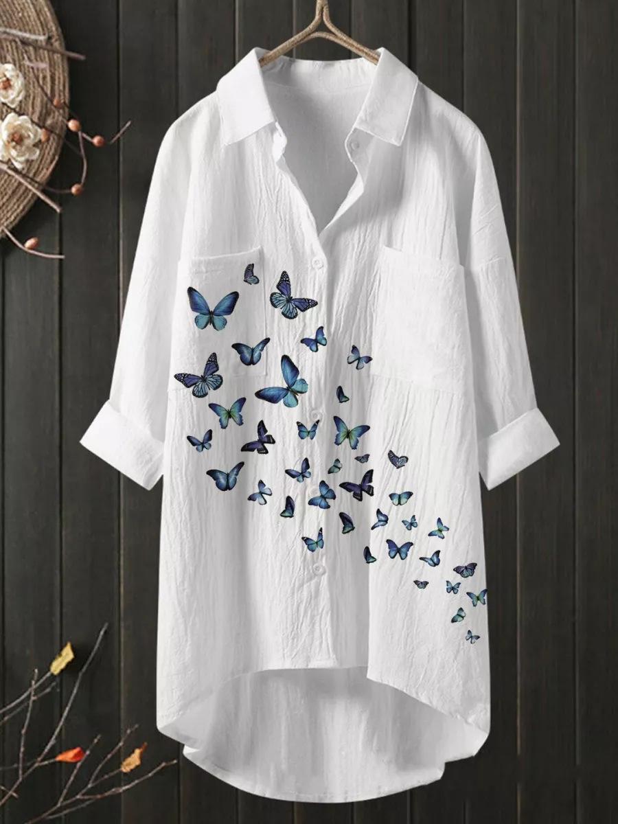 Cotton&Linen Medium Length Shirt Dress Casual Print