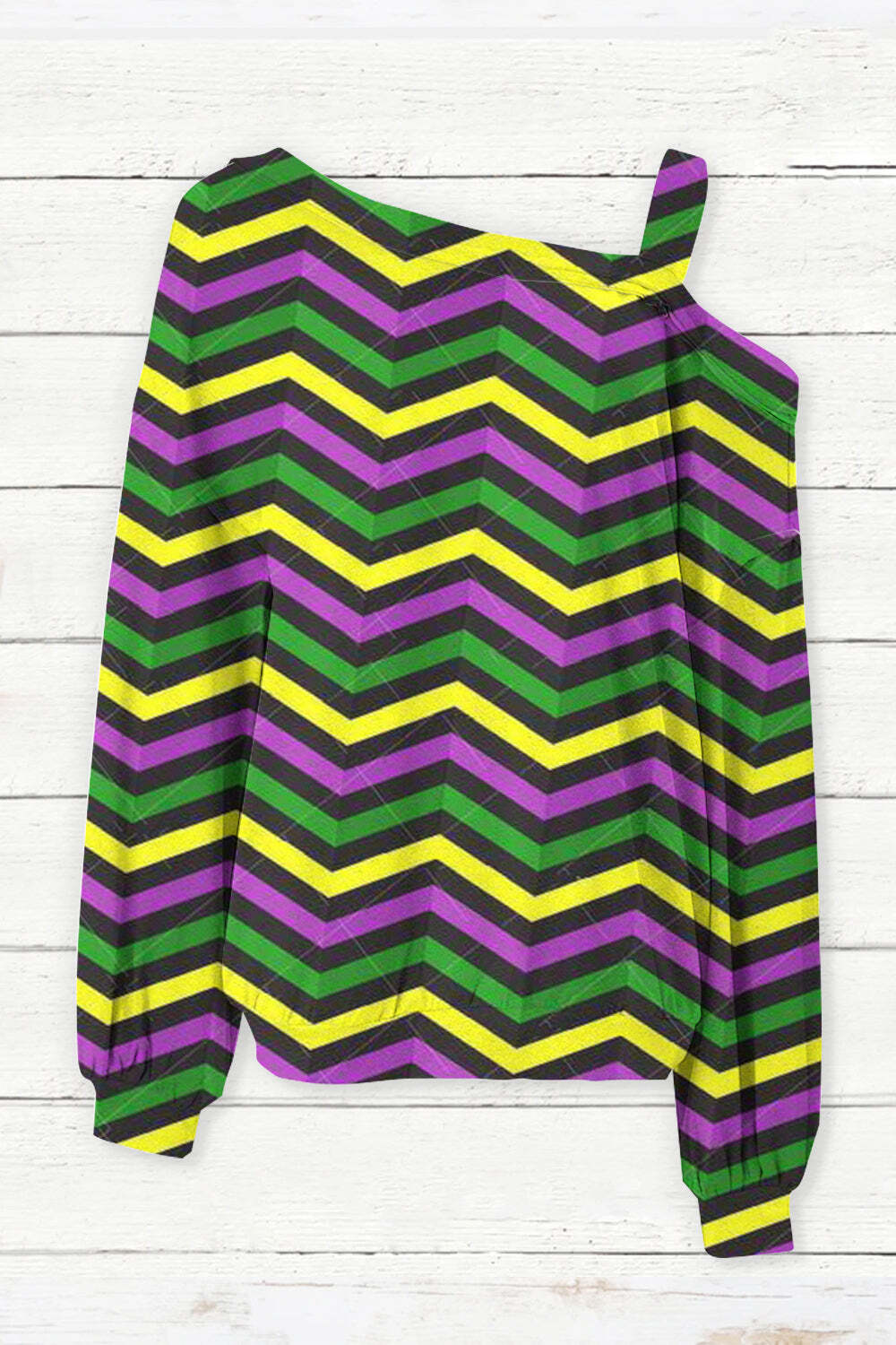 [CLEARANCE SALE]Mardi Gras Geometric Pattern With Zigzag Stripes Print Off-Shoulder Blouse