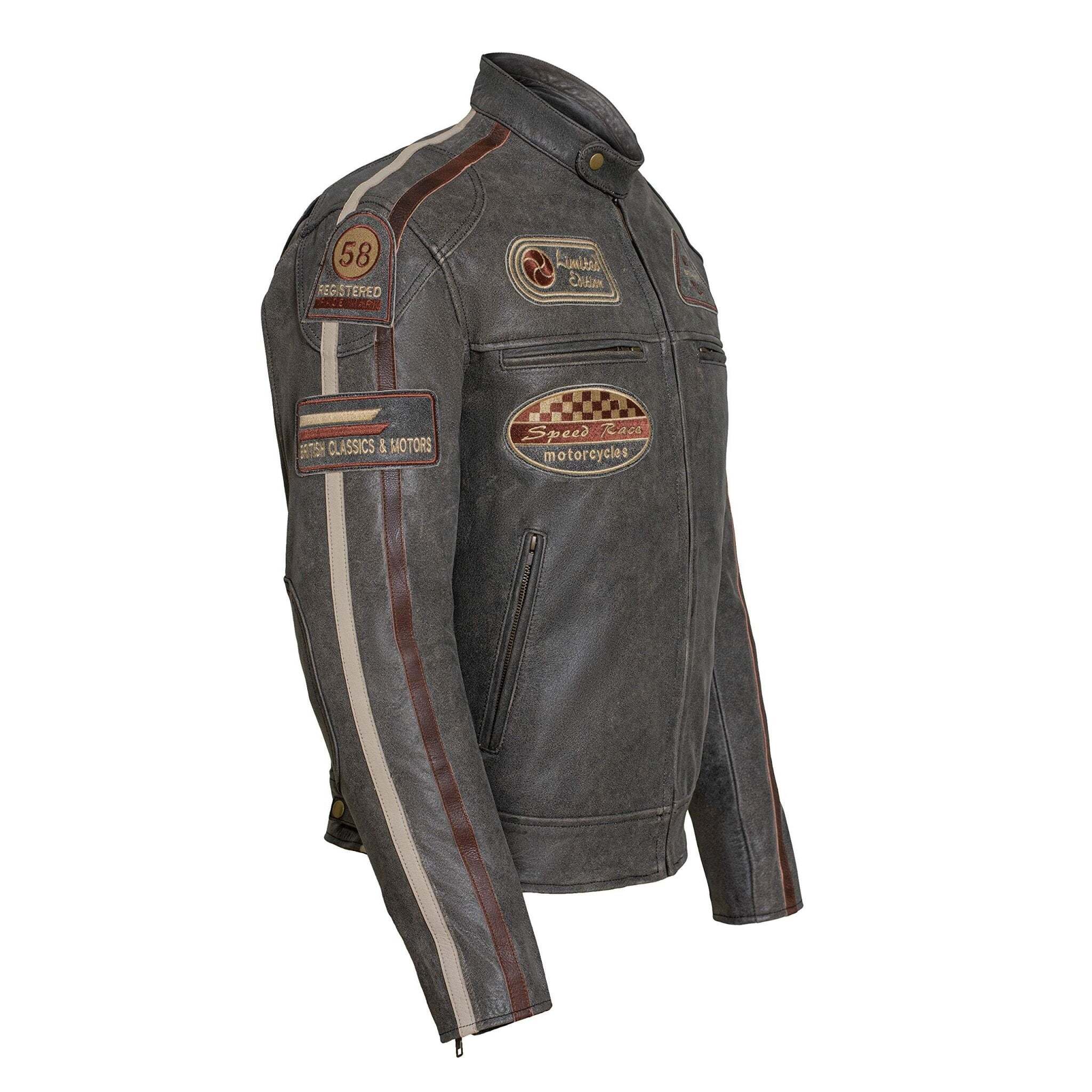 Classic Mens British Striped Biker Leather Jacket with Badges Motorcycle