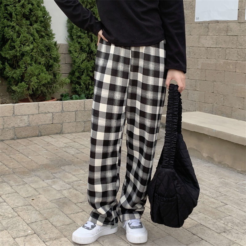 Plaid pants women summer 2022 new high-waisted loose-fitting straight trousers dropshipping tug pants casual pants