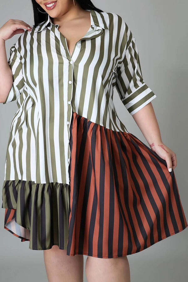Stripe Patchwork Shirt Collar Midi Dress