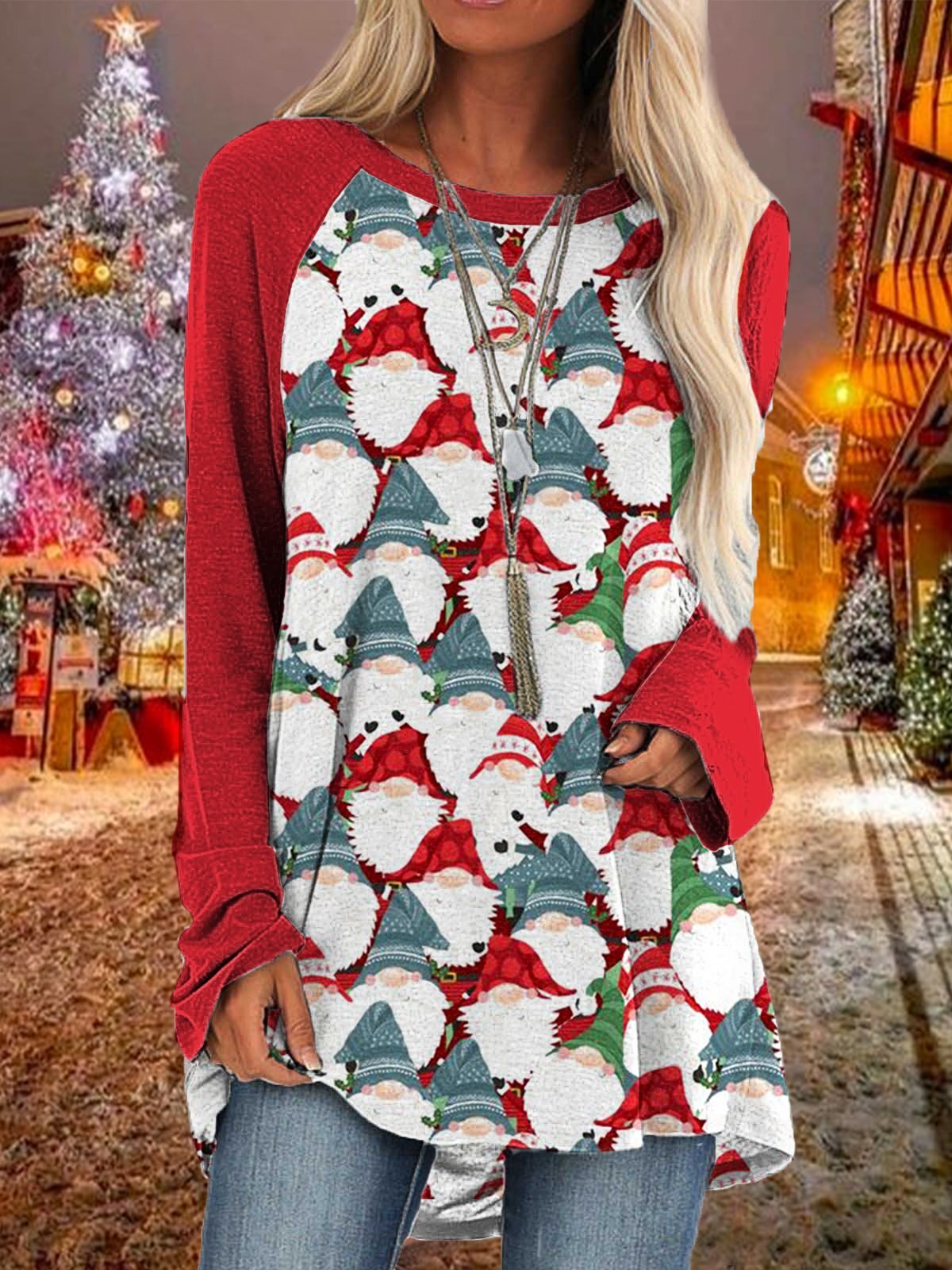 Women's Merry Christmas Gnome Print Casual Long Sleeve T-Shirt
