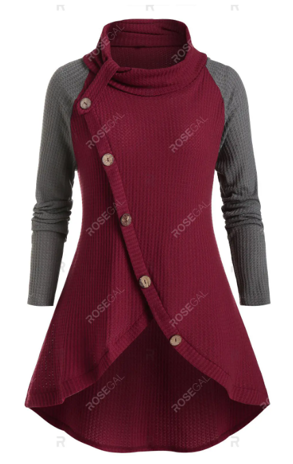 Oblique Buttons Two-tone Sweater and High Rise Cutout Twist Leggings Plus Size Outerwear Outfit