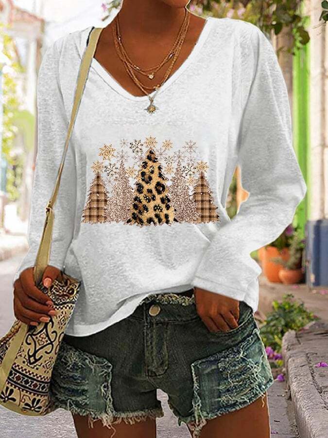 Women's Leopard Check Christmas Tree Print Long Sleeve V-Neck T-Shirt