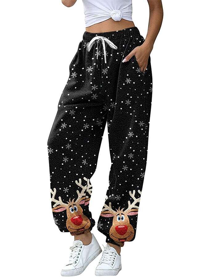 Ladies Merry Christmas Print Casual Trousers