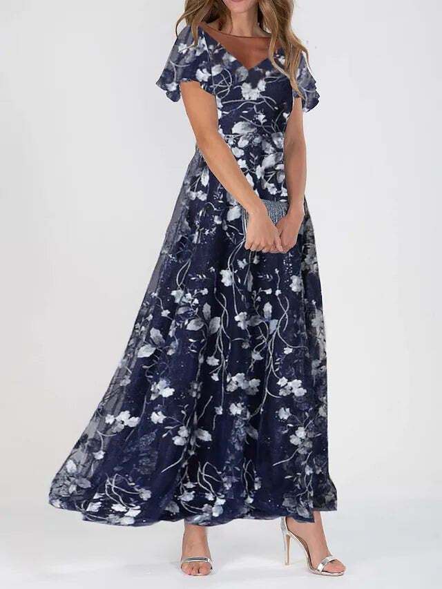 Navy Print Short Sleeve Maxi Dress
