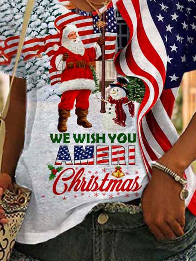 We Wish You Ameri Christmas Santa and Snowman Print T-Shirt