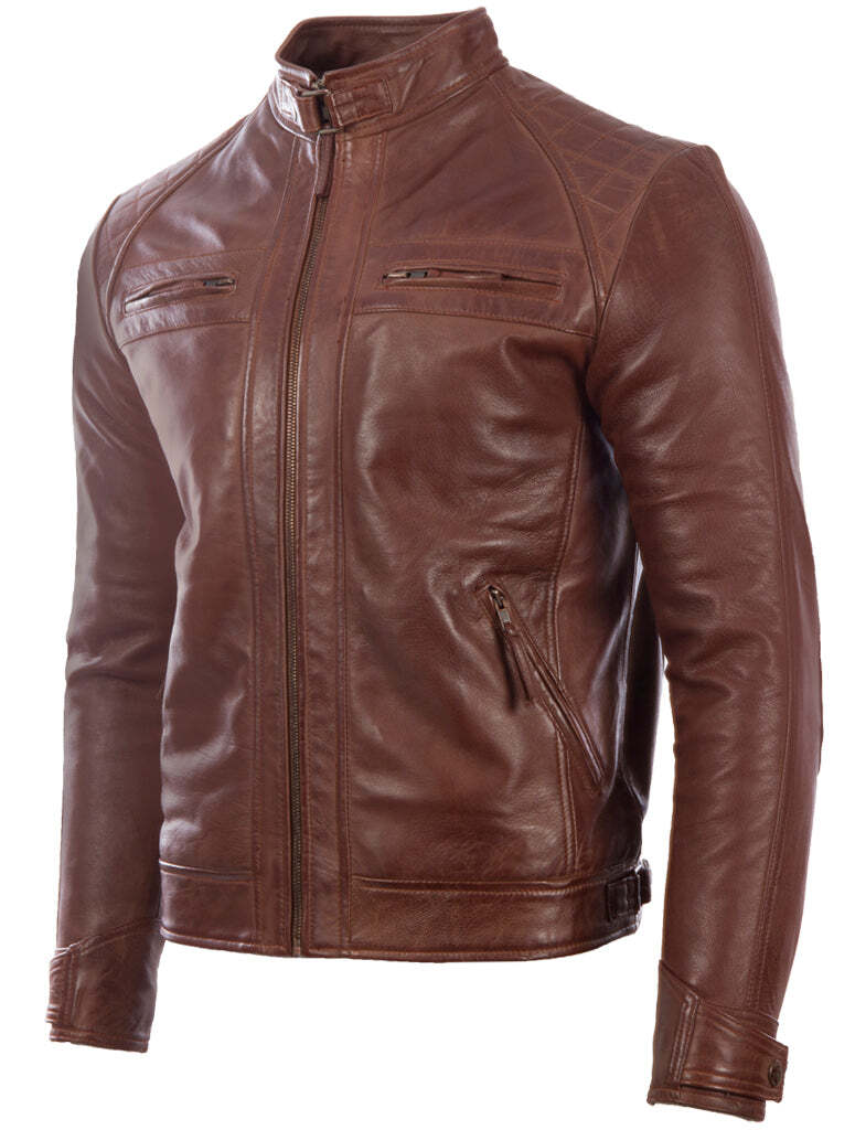 Men's  Leather Crosshatch Shoulder Detail Fashion Jacket (44T9) - Cocoa