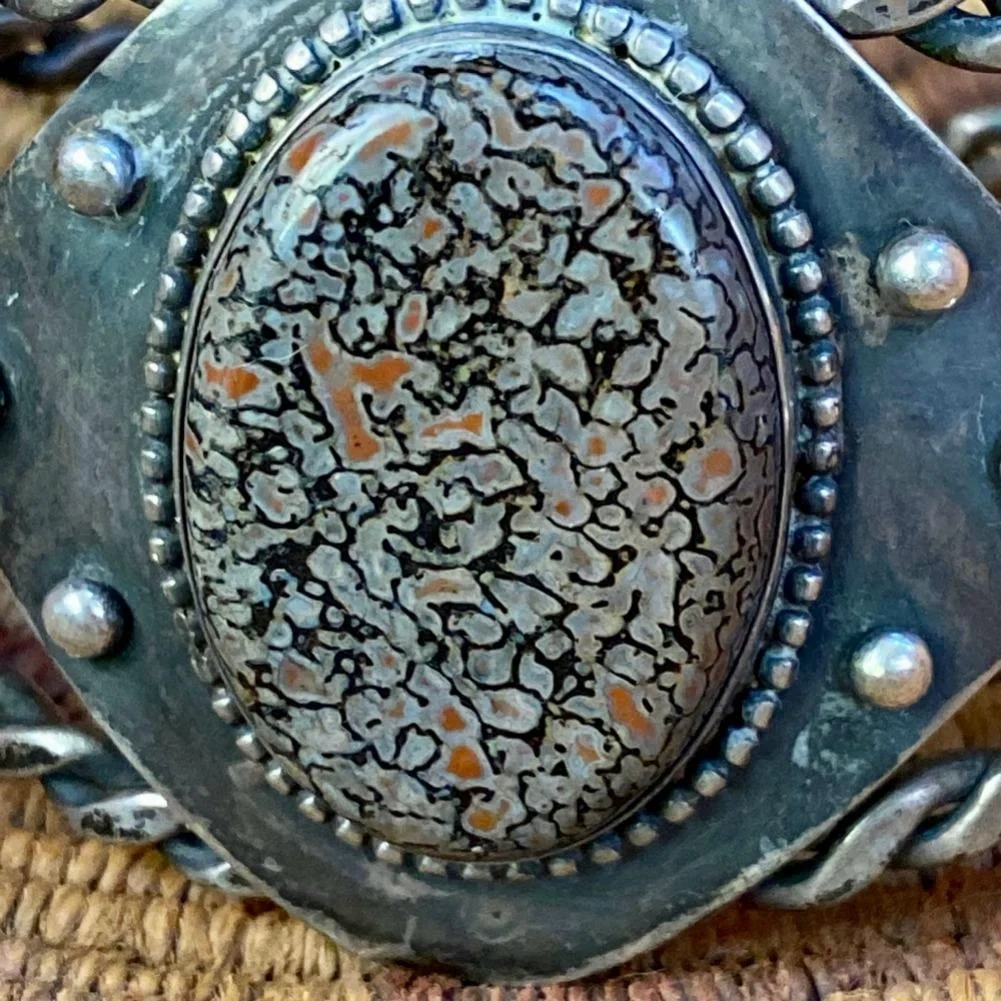 Old Navajo Cuff Bracelet set with Dinosaur Bone