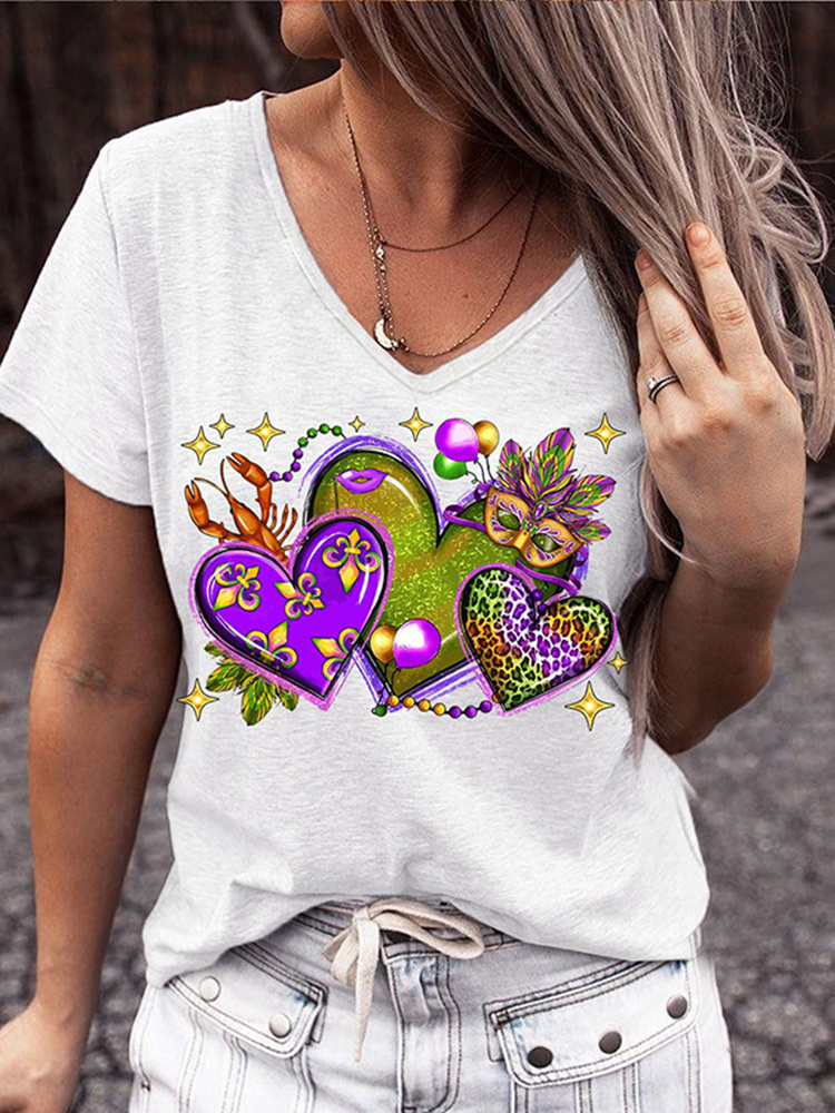 [CLEARANCE SALE]Mardi Gras Heart-Shape Graphic V Neck T-Shirt