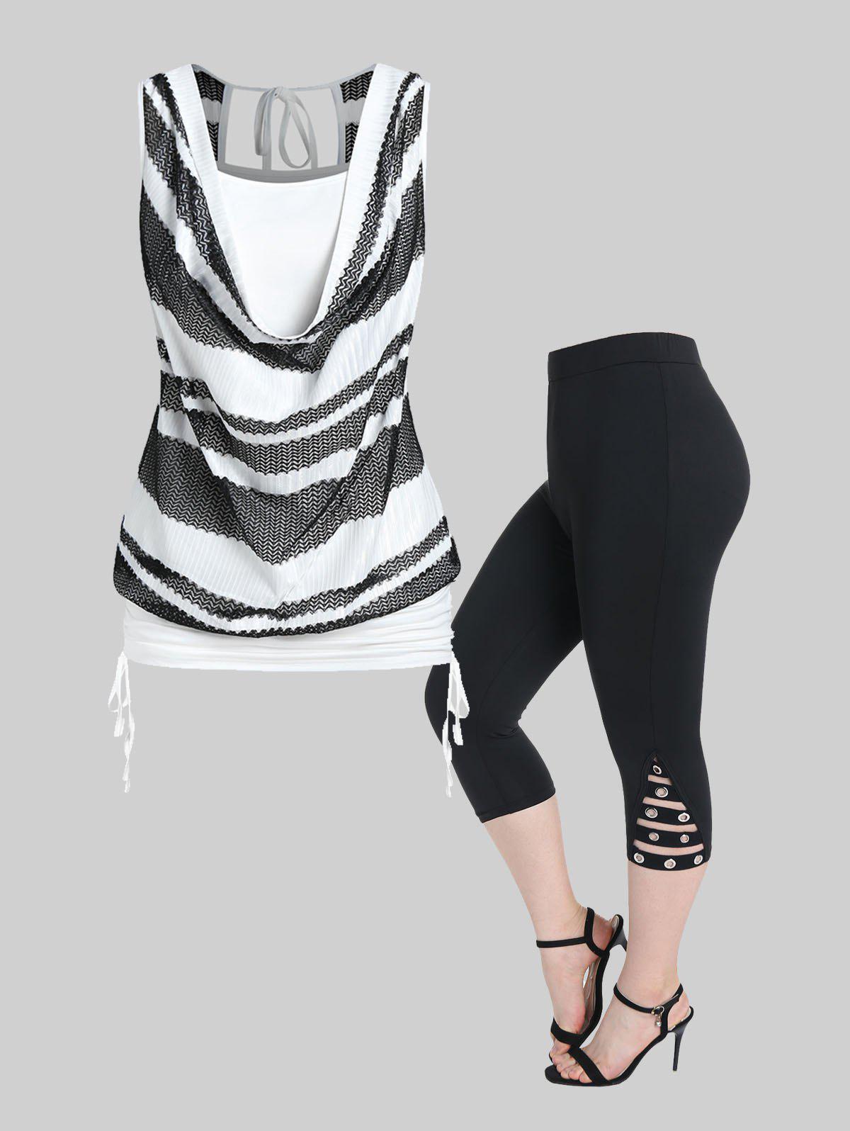 Cinched Cowl Front 2 in 1 Tank Top and Grommet Cutout Solid Leggings Plus Size Outfit