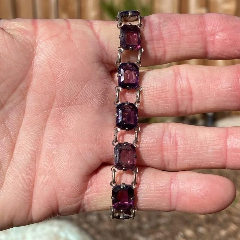 Sterling Silver Bracelet set with Purple Glass Faceted Stones1940s