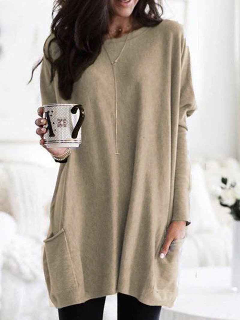 Casual Pocket Long Sleeve Round Neck T-Shirt