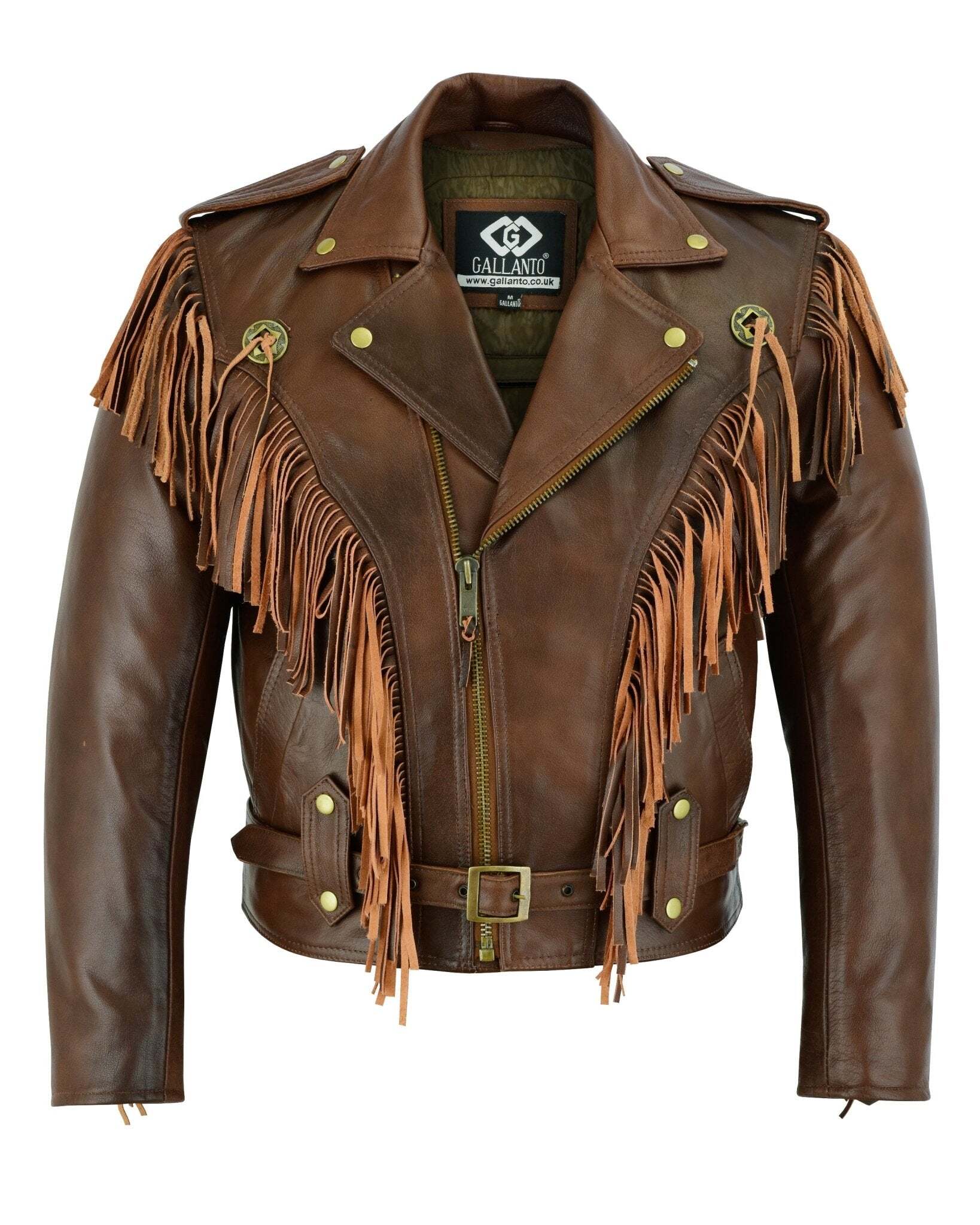 Vintage Brown Biker Fringe Leather Jacket - Tassle Concho Premium Motorcycle