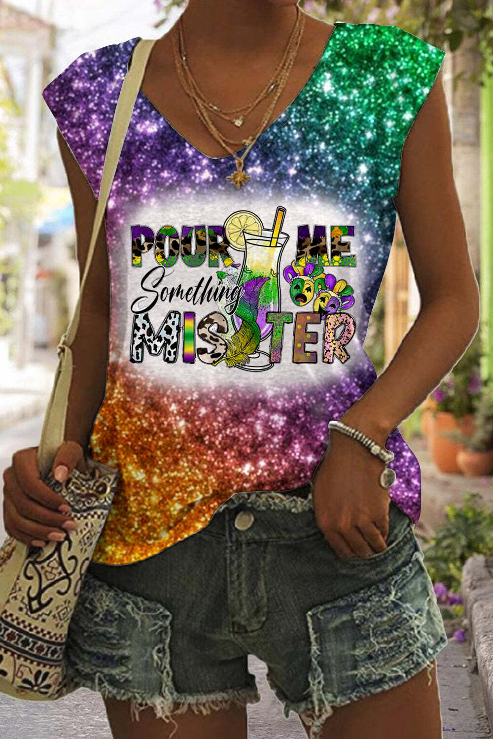 [CLEARANCE SALE]Pour Me Something Mister Mardi Gras Glitter Multicolor Printed Tank Top