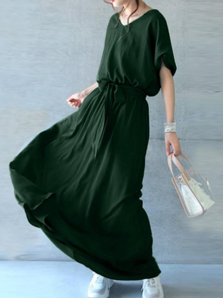 Women's V-Neck Short-Sleeved Loose Floor-Length Dress