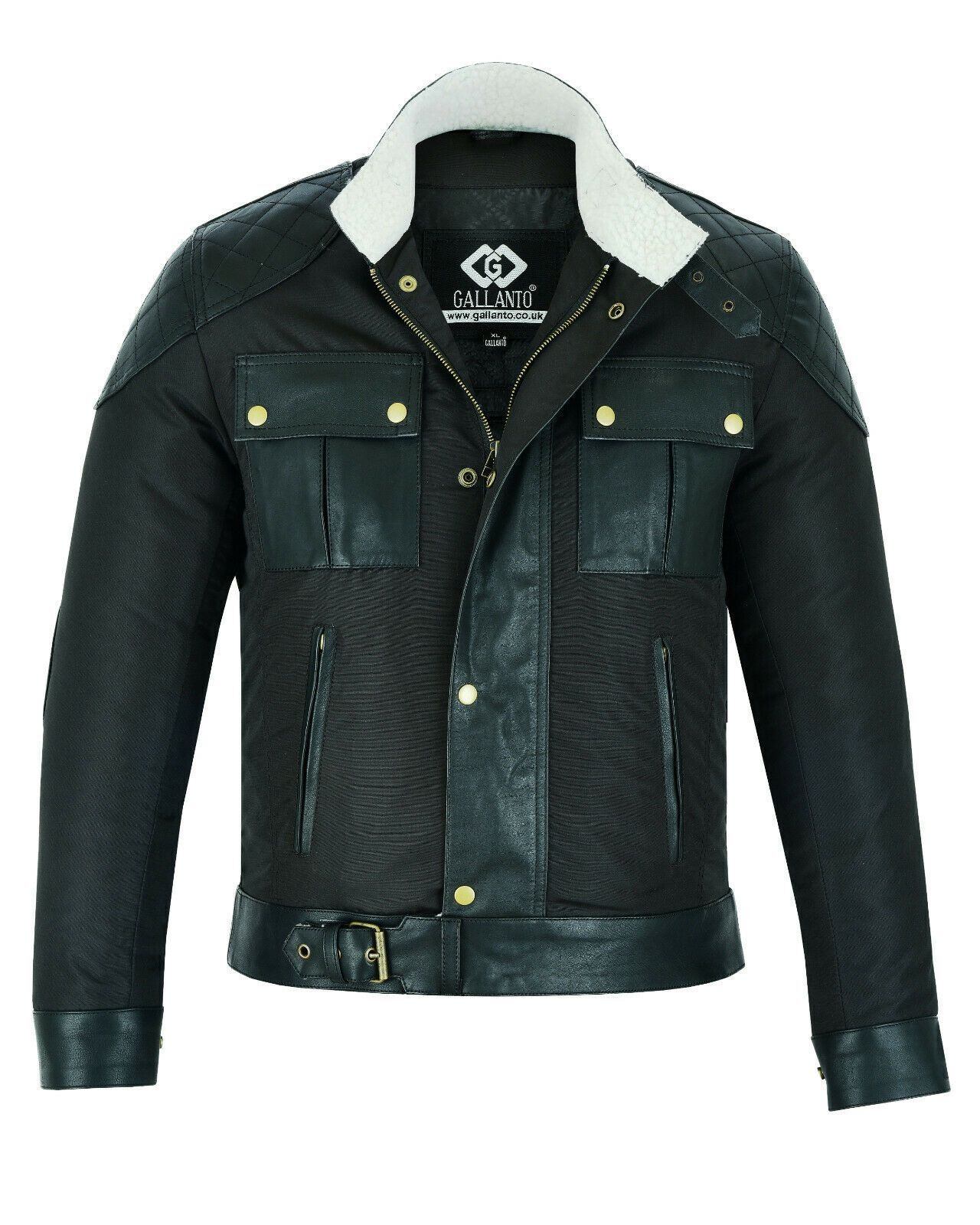 Mens Fabric Fashion Jacket Biker Style with Cream Fur & Leather Taslan Sheepskin