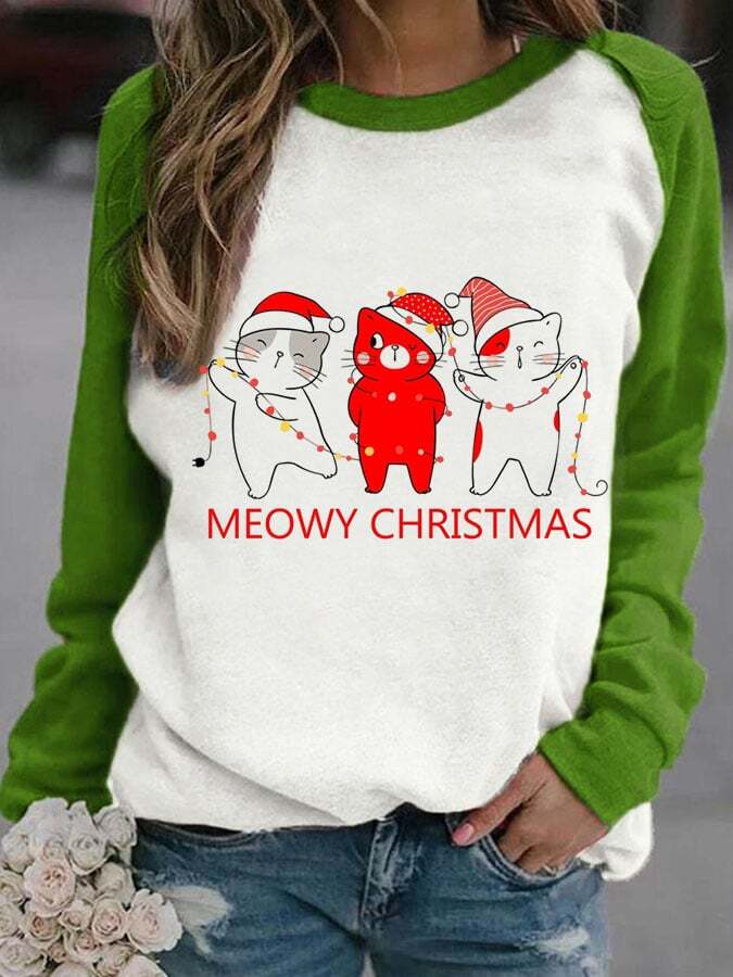Meowy Christmas Print Long Sleeve Sweatshirt