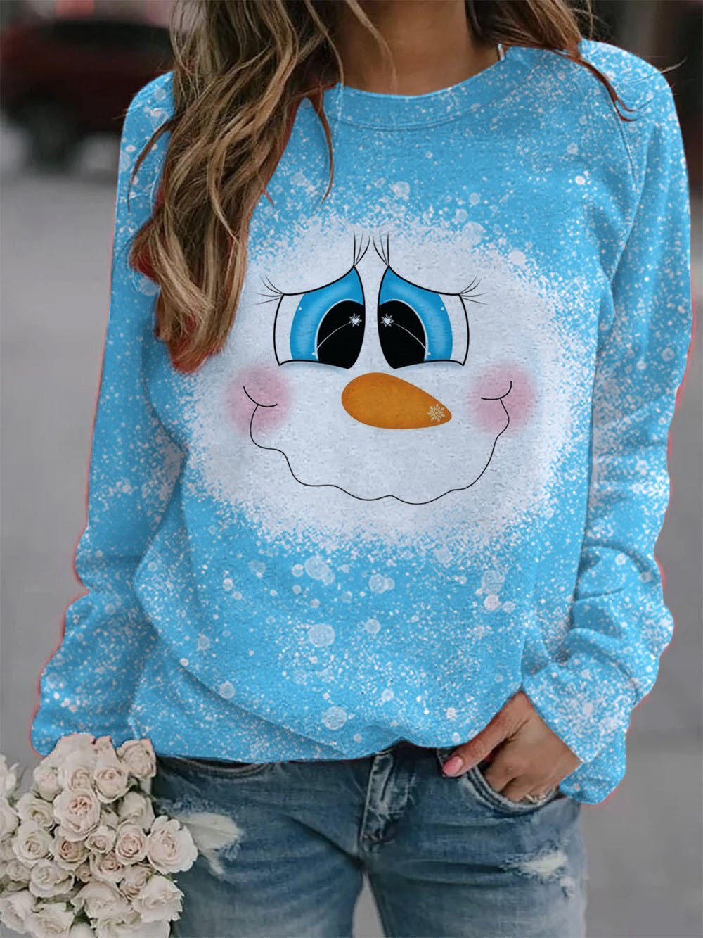 Women's Christmas Snowman Face Fun Print Sweatshirt