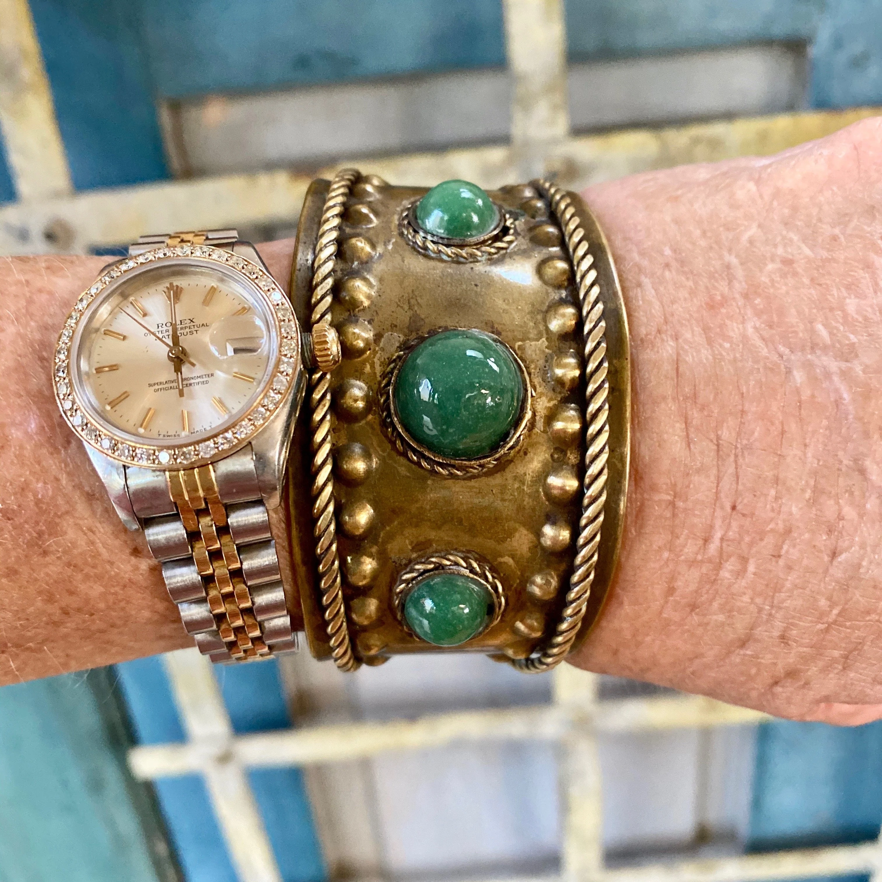 Brass Boho Bracelet with Green Glass Stones