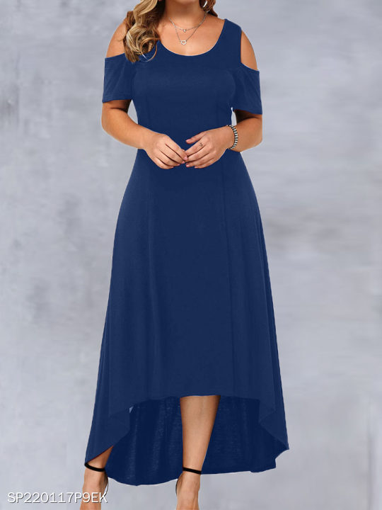 Round Neck Solid Color Short Sleeve Maxi Dress