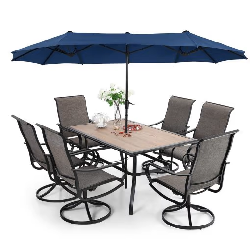 8 Pieces Patio Dining Set with Umbrella,Outdoor Furniture Set with 6 Sling Dining Swivel Chairs