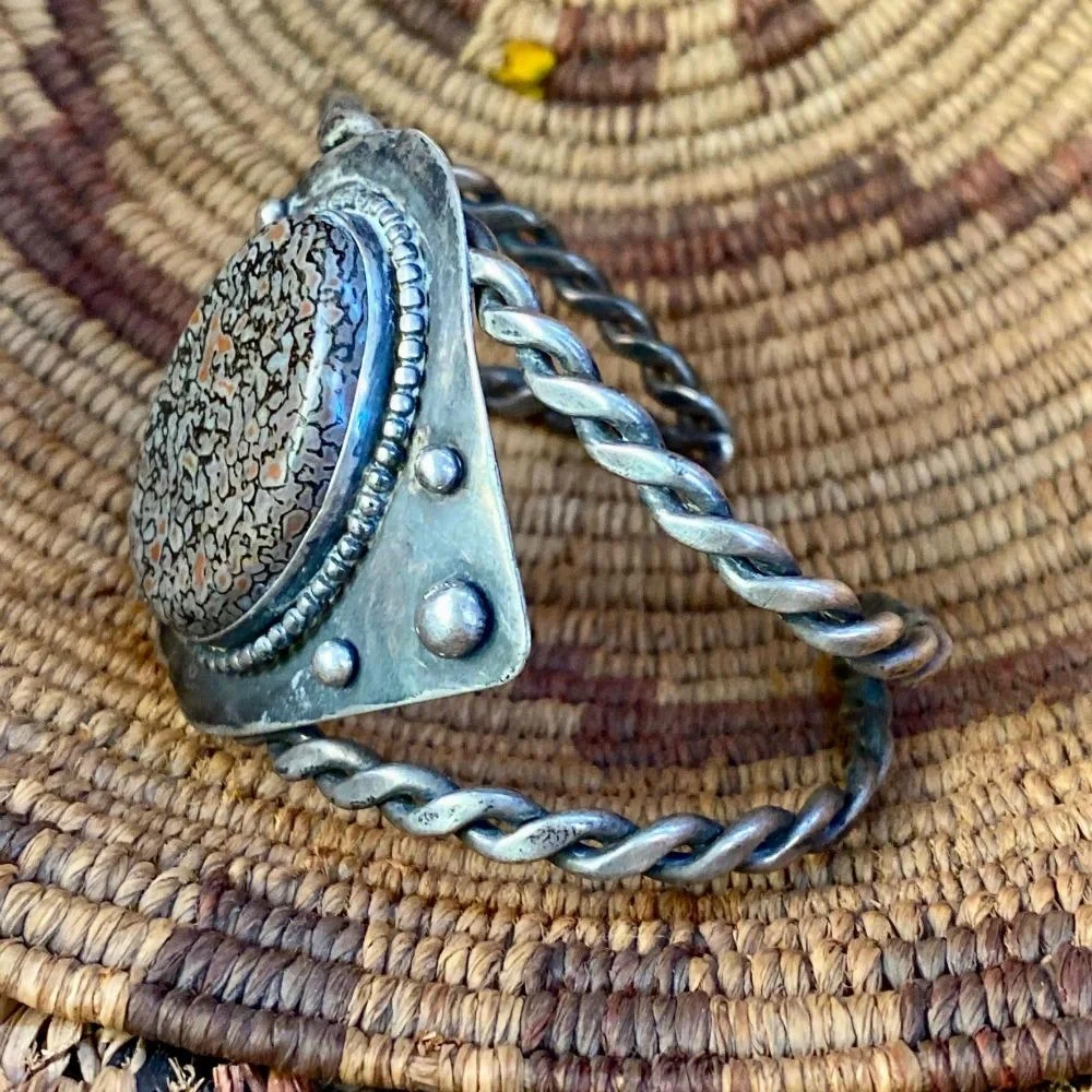 Old Navajo Cuff Bracelet set with Dinosaur Bone