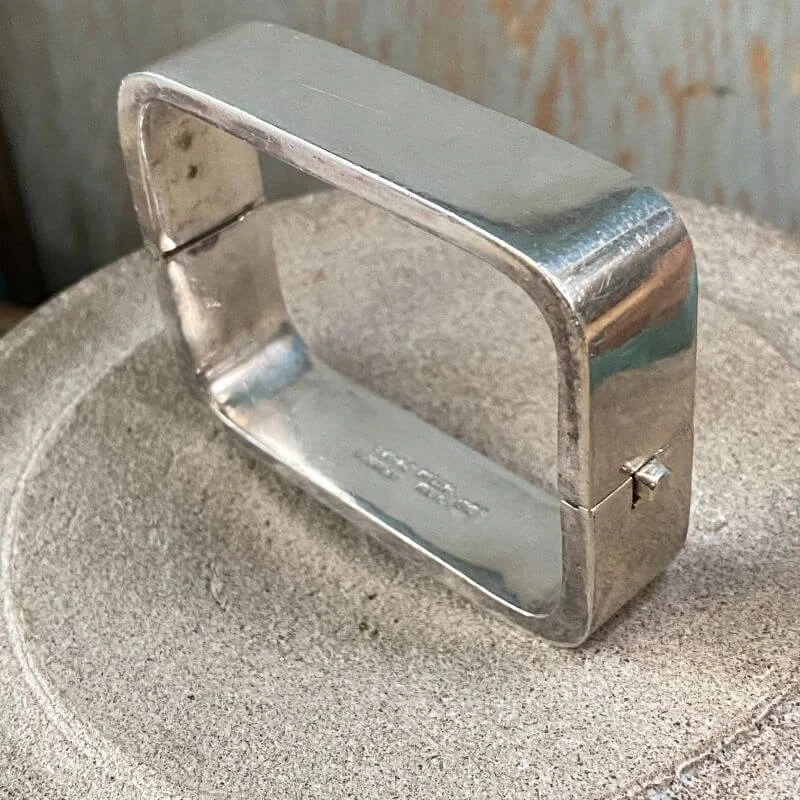 Rectangular Hinged  Bangle Bracelet in Sterling Silver Taxco Mexico
