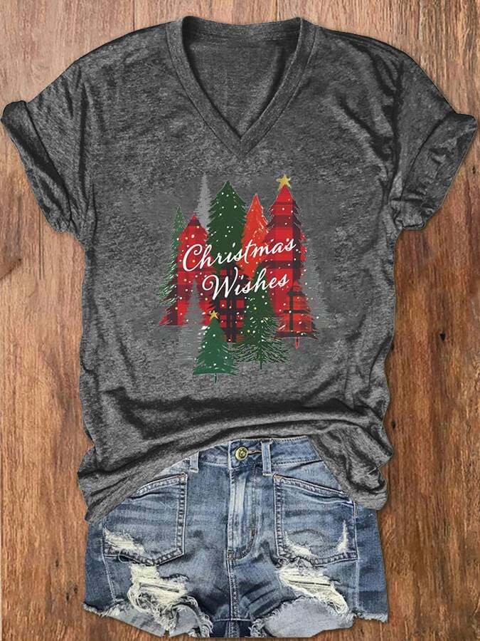 Women's Christmas Tree Fun Print V-Neck T-Shirt
