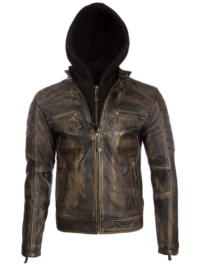 Men's  Leather Vintage Look Biker Jacket with Removable Hood (2JB2)