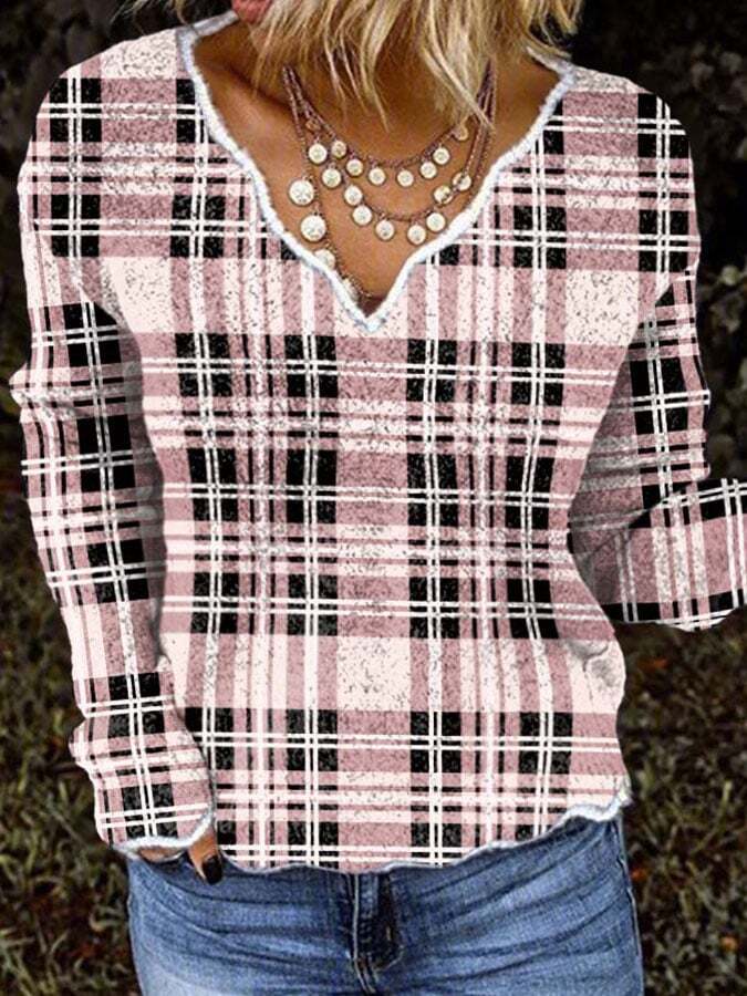Casual Pink Plaid Print Knit Tops