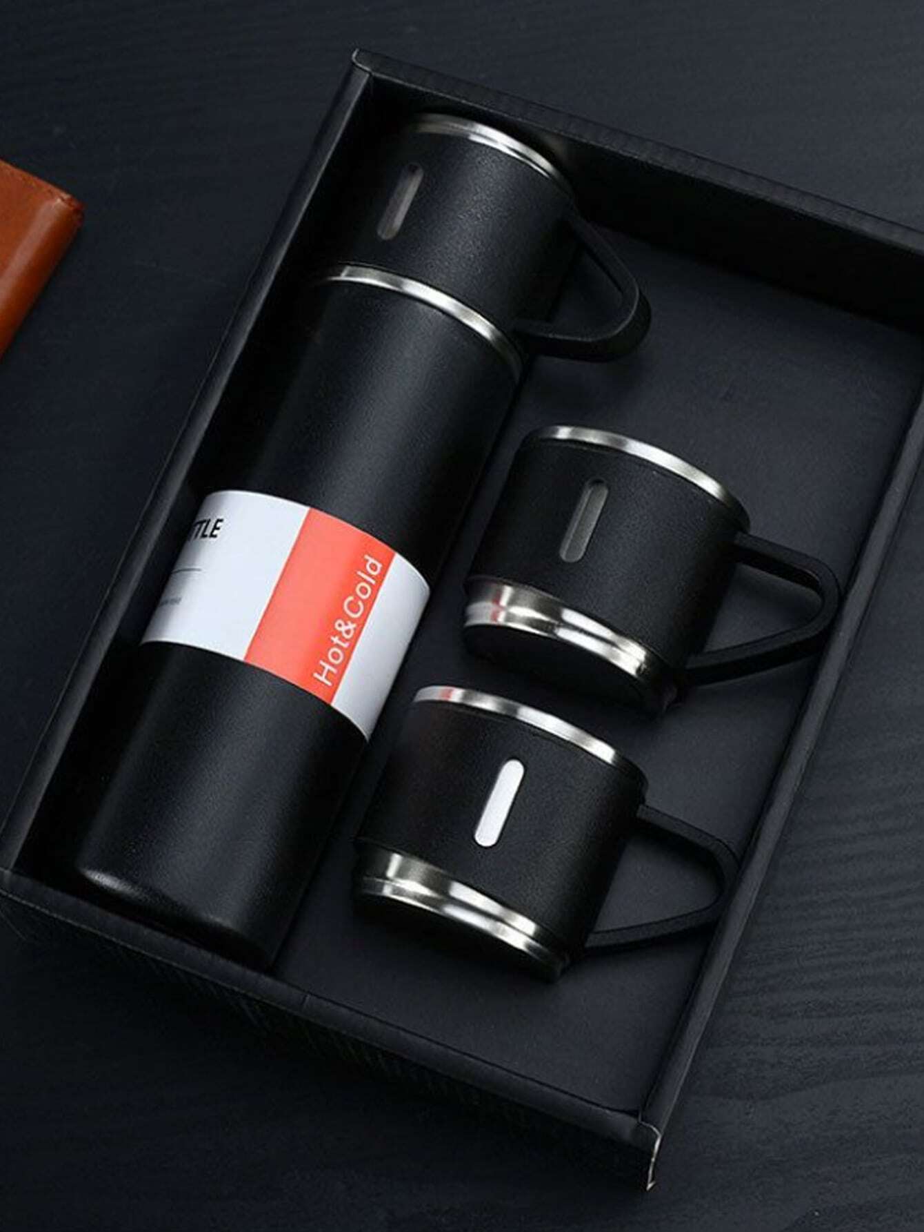 1set Business Thermal Mug, 304 Stainless Steel Gift Set, Stainless Steel Tea Cup, Car Double Layer Stainless Steel Water Cup,Stainless Steel Insulated Bottle With 3pcs Cup