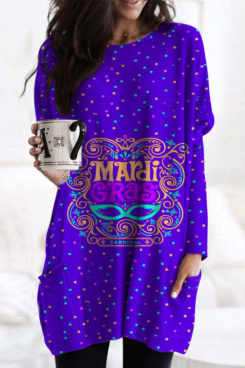 [CLEARANCE SALE]MArdi GRAS Mask Floral Font Purple Tunic with Pockets