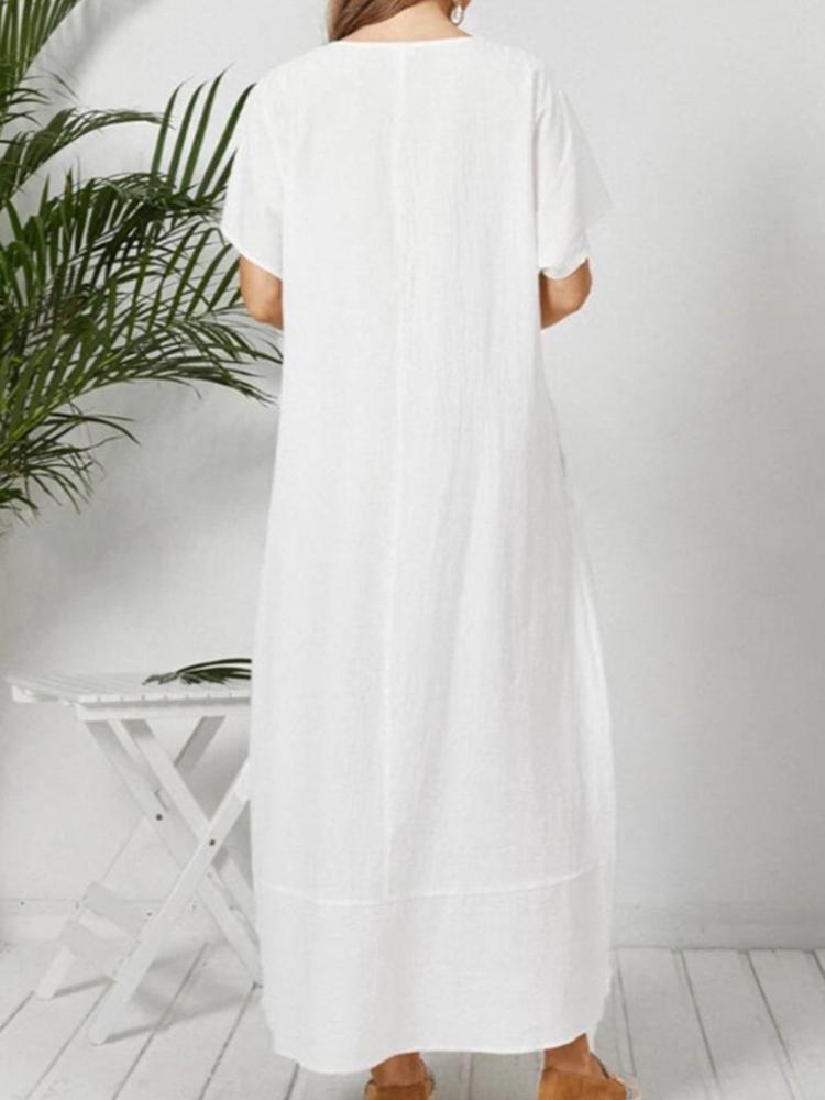Women's White Loose V-Neck Short Sleeve Cotton And Linen Maxi Dress
