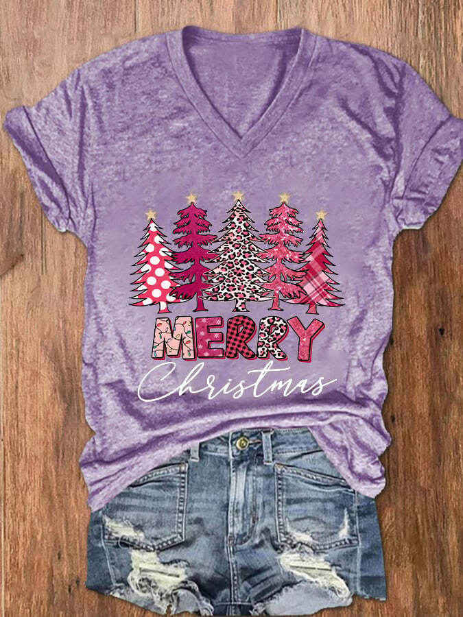 Women's Christmas Tree Merry Christmas Print T-Shirt