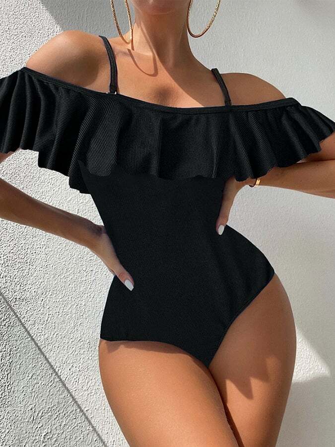 Conservative Suspender Shoulder Ruffled High Waist Conjoined Swimsuit