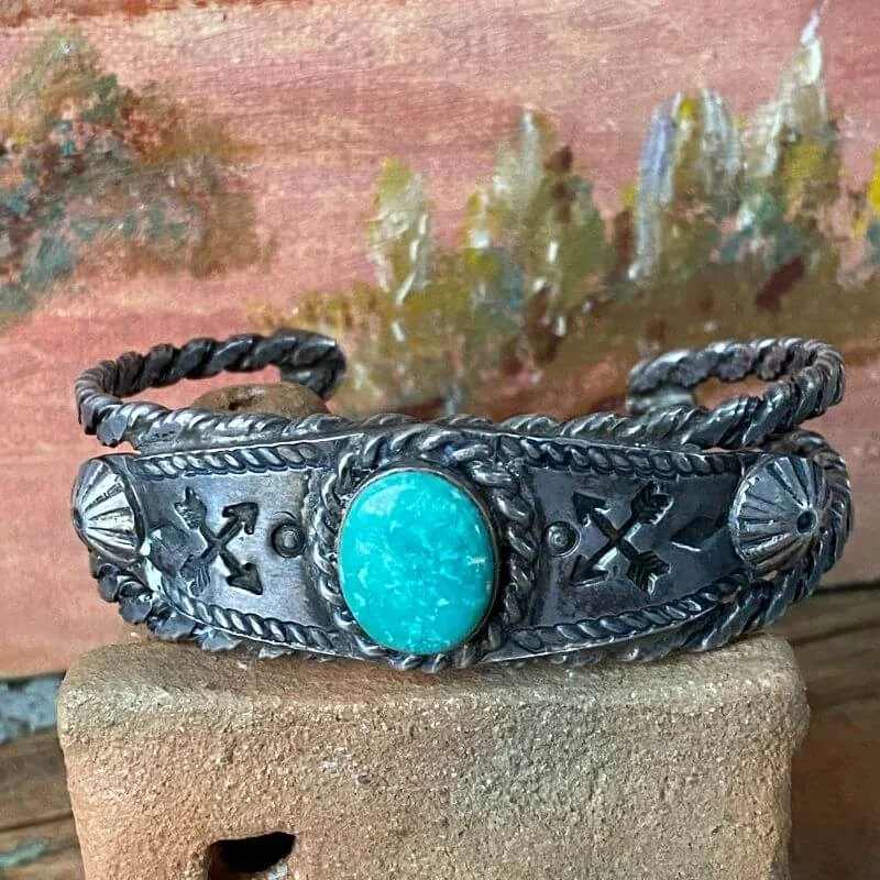 Old Navajo Crossed Arrows Bracelet with Turquoise Sterling Fred Harvey Era