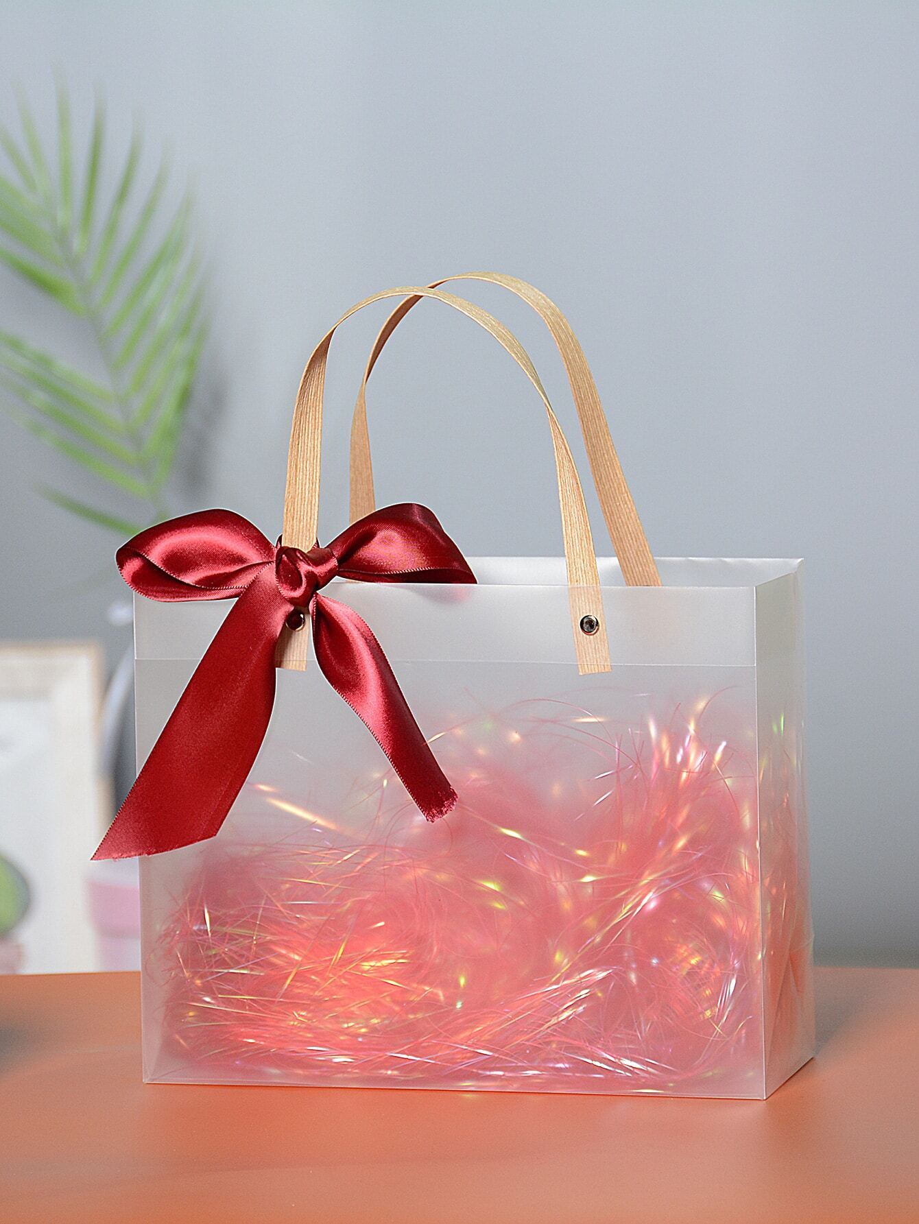 Bow Decor Gift Bag, Clear Plain PVC Portable Gift Storage Bag For