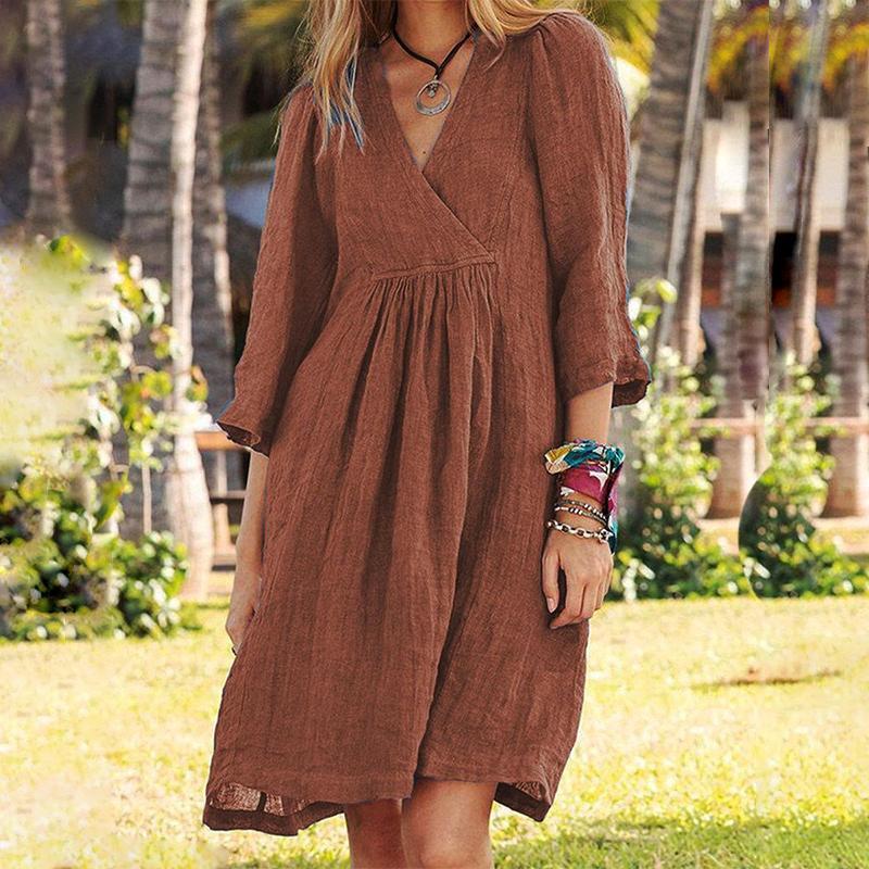 Cotton&Linen Mid Sleeve V Neck Loose Casual Dress